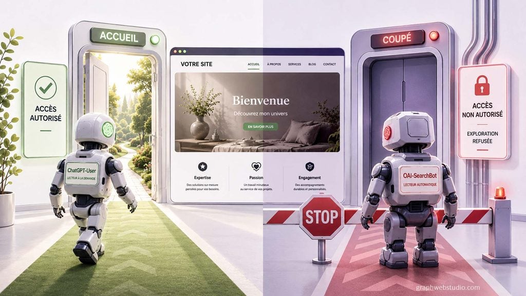 Deux robots devant un site web, ChatGPT-User accueilli par une porte ouverte et OAI-SearchBot arrêté par une barrière et un panneau stop