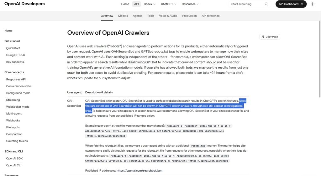 Documentation officielle d’OpenAI indiquant que les sites ayant désactivé OAI-SearchBot n’apparaîtront pas dans les réponses de recherche ChatGPT