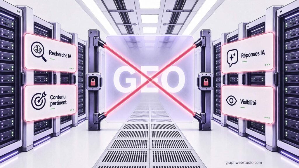 Un portail marqué GEO barré d'une croix rouge dans une salle de serveurs, bloquant l'accès aux robots des moteurs de réponse IA
