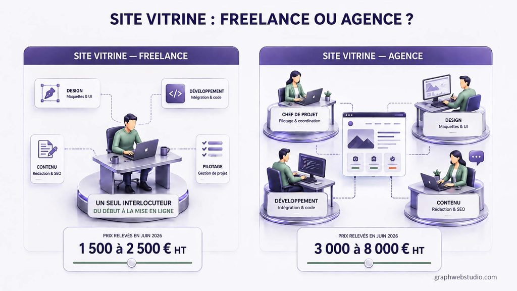 Prix d’un site vitrine relevés en juin 2026, de 1 500 à 2 500 euros chez un freelance et de 3 000 à 8 000 euros en agence