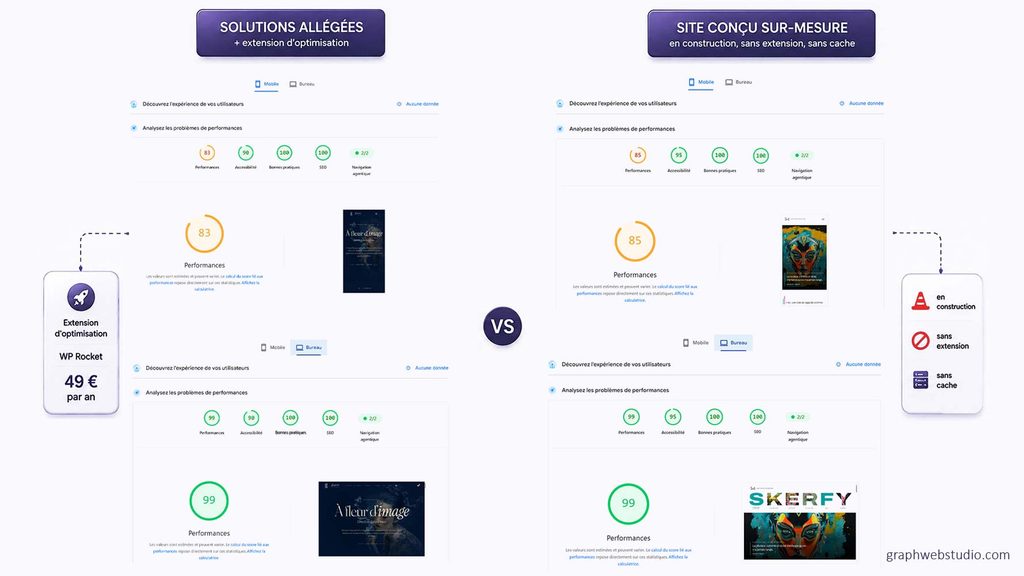 Deux relevés PageSpeed mobile côte à côte, 83 sur 100 pour un site allégé avec extension d’optimisation et 85 sur 100 pour un site conçu sur-mesure sans extension ni cache