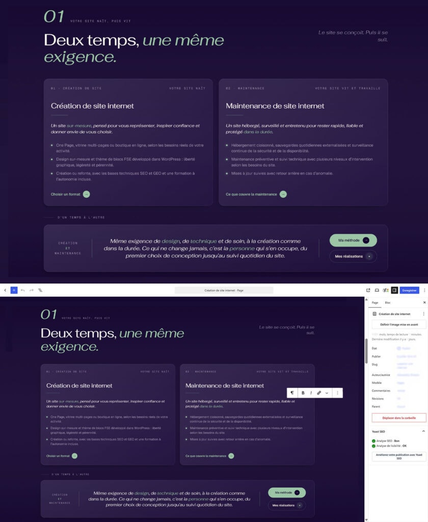 La même section d’une page vue en ligne puis dans l’éditeur de WordPress, avec un texte sélectionné et modifiable au clic dans une mise en page verrouillée