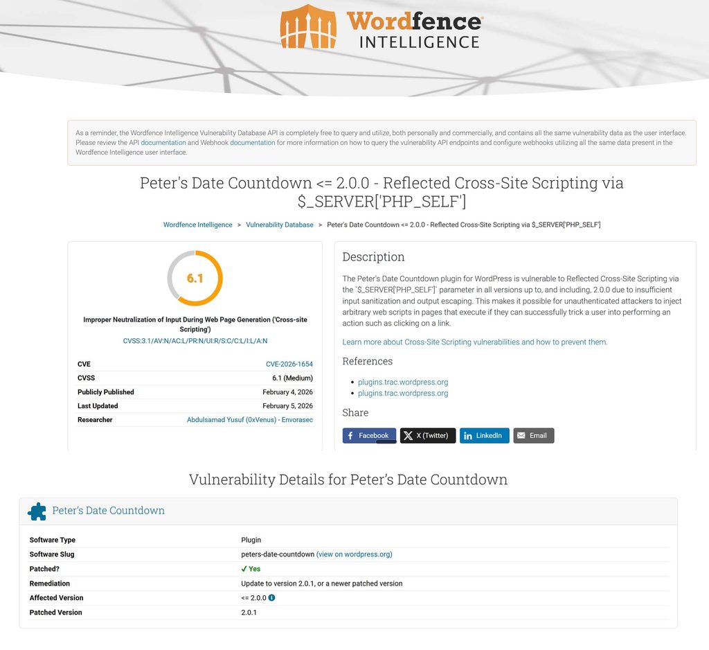 Fiche Wordfence Intelligence de la faille CVE-2026-1654, extension Peter’s Date Countdown, gravité 6,1 sur 10, corrigée par la version 2.0.1