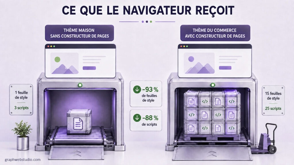 Une feuille de style et trois scripts avec un thème maison, quinze feuilles et vingt-cinq scripts avec un thème du commerce et un constructeur de pages