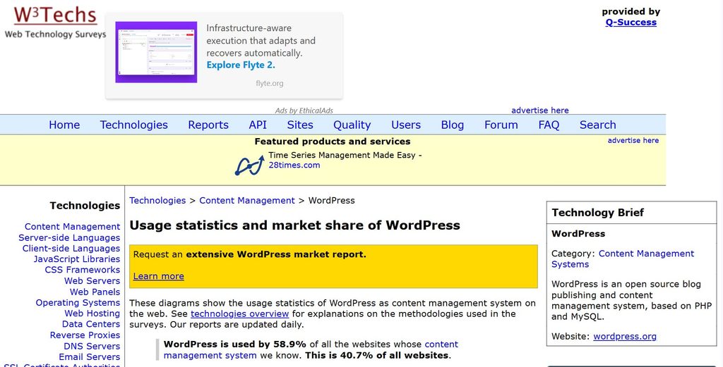 Page W3Techs indiquant que WordPress est utilisé par 58,9 % des sites dont le gestionnaire de contenu est connu, soit 40,7 % de tous les sites