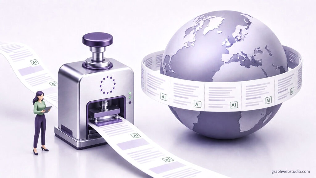Une machine à tamponner portant le cercle d'étoiles européen imprime un ruban de documents marqués AI, et le ruban s'enroule autour d'un globe terrestre