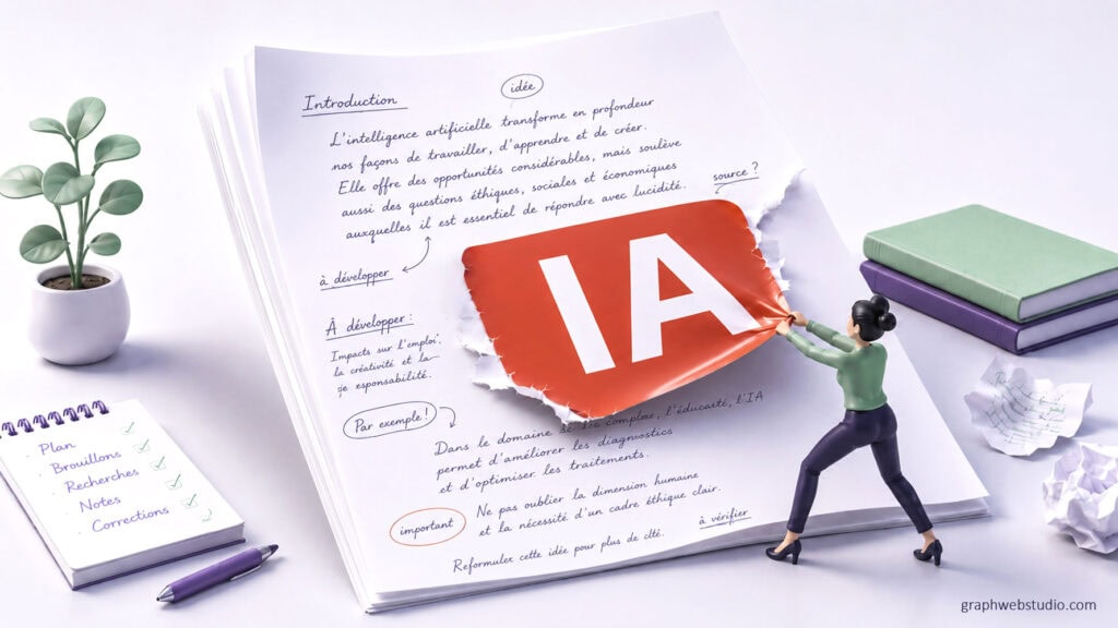 Une personne arrache une étiquette rouge marquée IA collée sur un devoir manuscrit annoté, à côté d'un carnet où sont cochés plan, brouillons, recherches, notes et corrections
