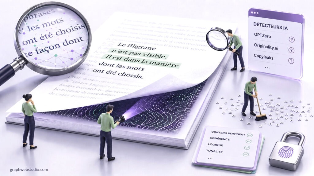 Une page de texte soulevée révélant un réseau de points lumineux, une loupe agrandissant la phrase « le filigrane n'est pas visible, il est dans la manière dont les mots ont été choisis », et un panneau de détecteurs IA marqués de points d'interrogation