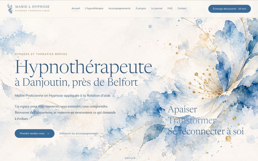 représentation de la page d'accueil du site internet de Marie-L Hypnose, hypnothérapeute