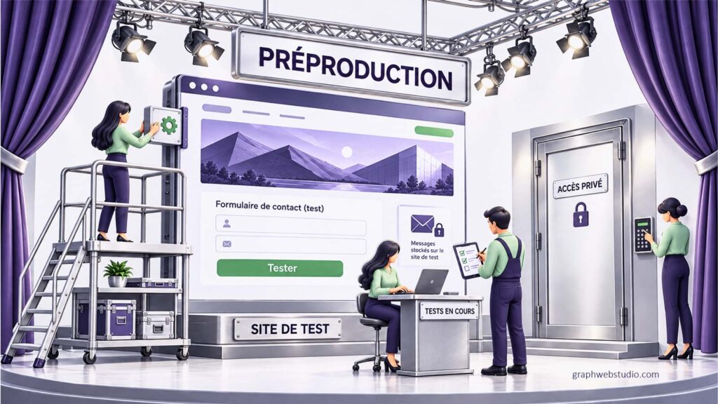 Site de préproduction mis en scène comme une répétition générale, où une équipe teste le site et son formulaire de contact derrière une porte en accès privé.
